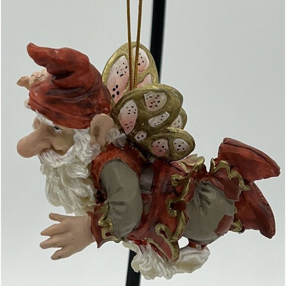 Santa Fairy Gnome Ornament, Very Detailed with Gold Trim, Red - Picture 2 of 7